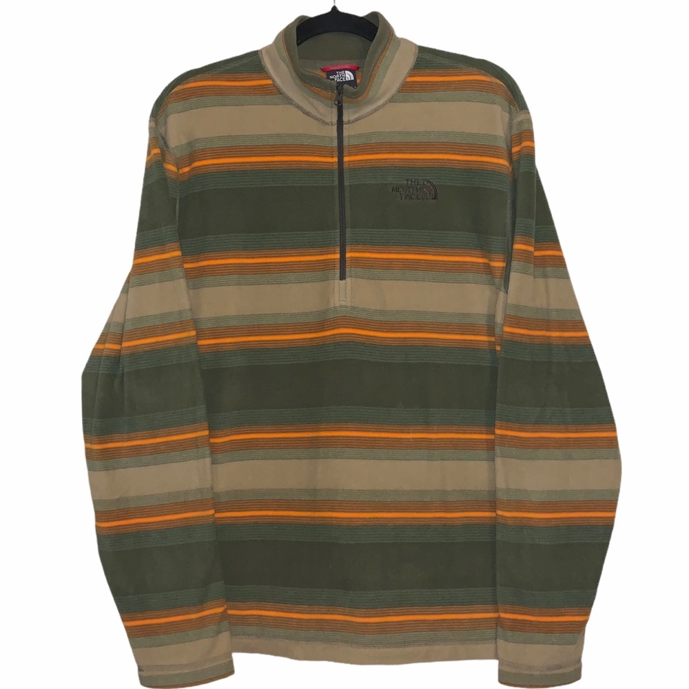 The North Face Olive Green Tan and Orange Striped Half-Zip Pullover